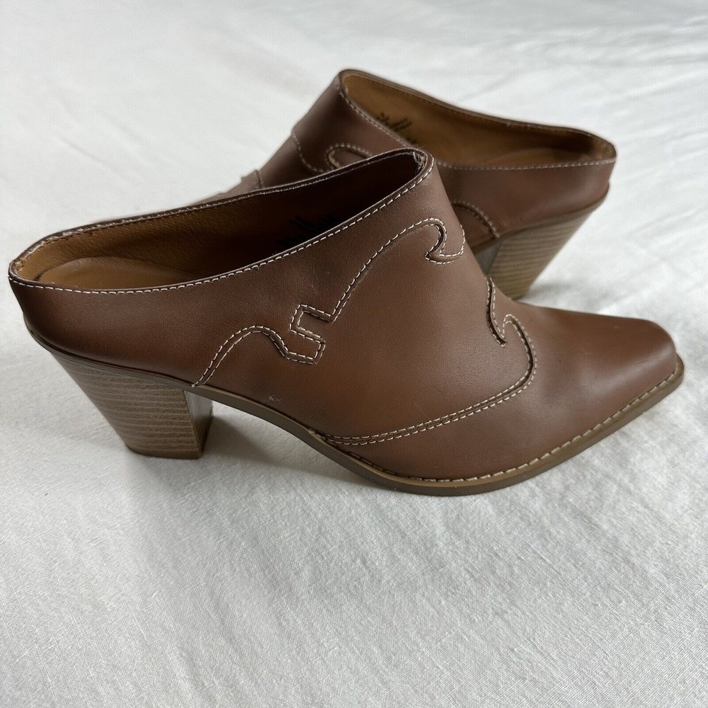 Western Leather Booties Mules Size 9 Block Heel Cowgirl Slip On Chestnut Clogs